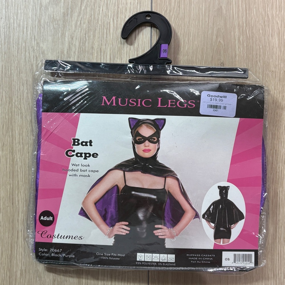 Music Legs Halloween Bat Cape Wet Look Hooded Cape Mask Black Purple Adult OSFM
